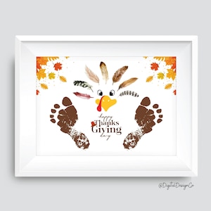 Happy Thanksgiving Day, Turkey Footprint Art Craft, Thanksgiving Craft for Kids Baby Toddler, Memory Keepsake, Fall, DIY Card, Printable