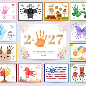 May include: A selection of handprint art cards with various designs. These include a tic-tac-toe game, a Halloween spider, a snowman, a butterfly, a beach scene, a seahorse, and a Christmas scene. A 2027 handprint calendar is also shown.