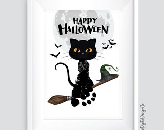 ハロウィンの足跡手形アートクラフト / 黒猫魔女の詩 / 子供幼児