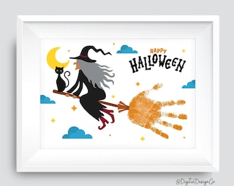 Halloween Handprint Art Craft, Witch Broom Stick, Kids Baby Toddler, Memory Keepsake, DIY Card
