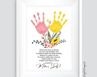 Artisanat d'empreintes de main fête des mères, joyeuse fête des mères, poème, artisanat d'empreintes de main de fleurs pour enfants bébé tout-petit, souvenir, imprimable, cadeau pour maman