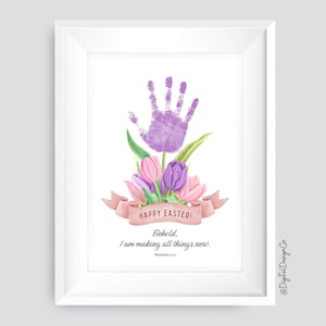 Créations artistiques d'empreintes de main de Pâques, Apocalypse 21:5, créations d'empreintes de main tulipes, bébé tout-petit, souvenir, carte à faire soi-même, imprimable