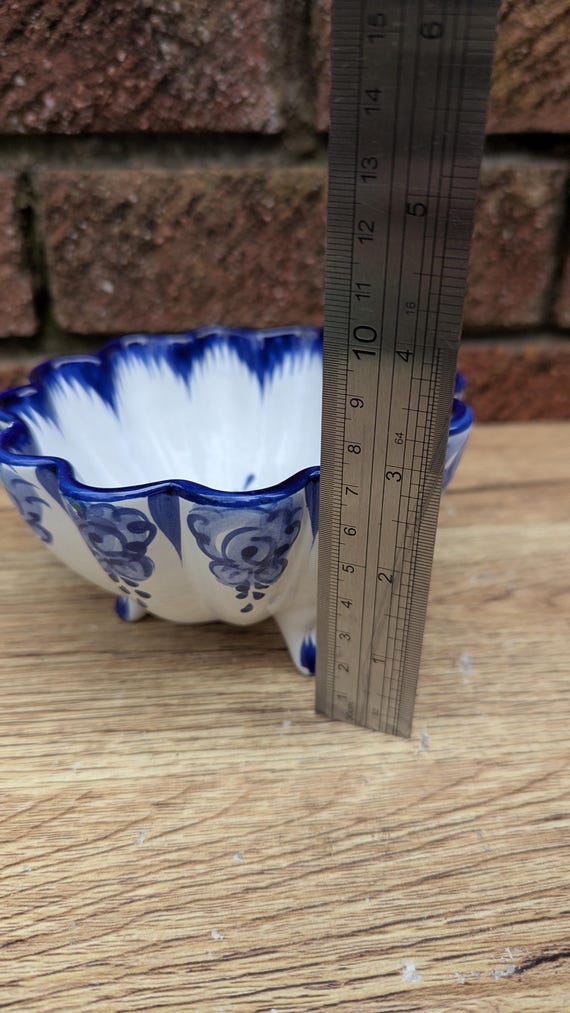 1970s Attributed Vestal Portugal Blue White Footed Scalloped Bowl