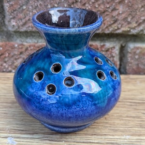 c.1930s Barum Barnstaple Blue Pottery Flower Arranger Vase Pierced Posy Vase Devon Art Pottery
