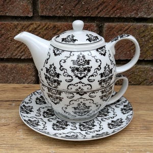 Early 2000s The Leonardo Collection Black Damask Tea For One Set, Stacking Teapot Cup and Saucer