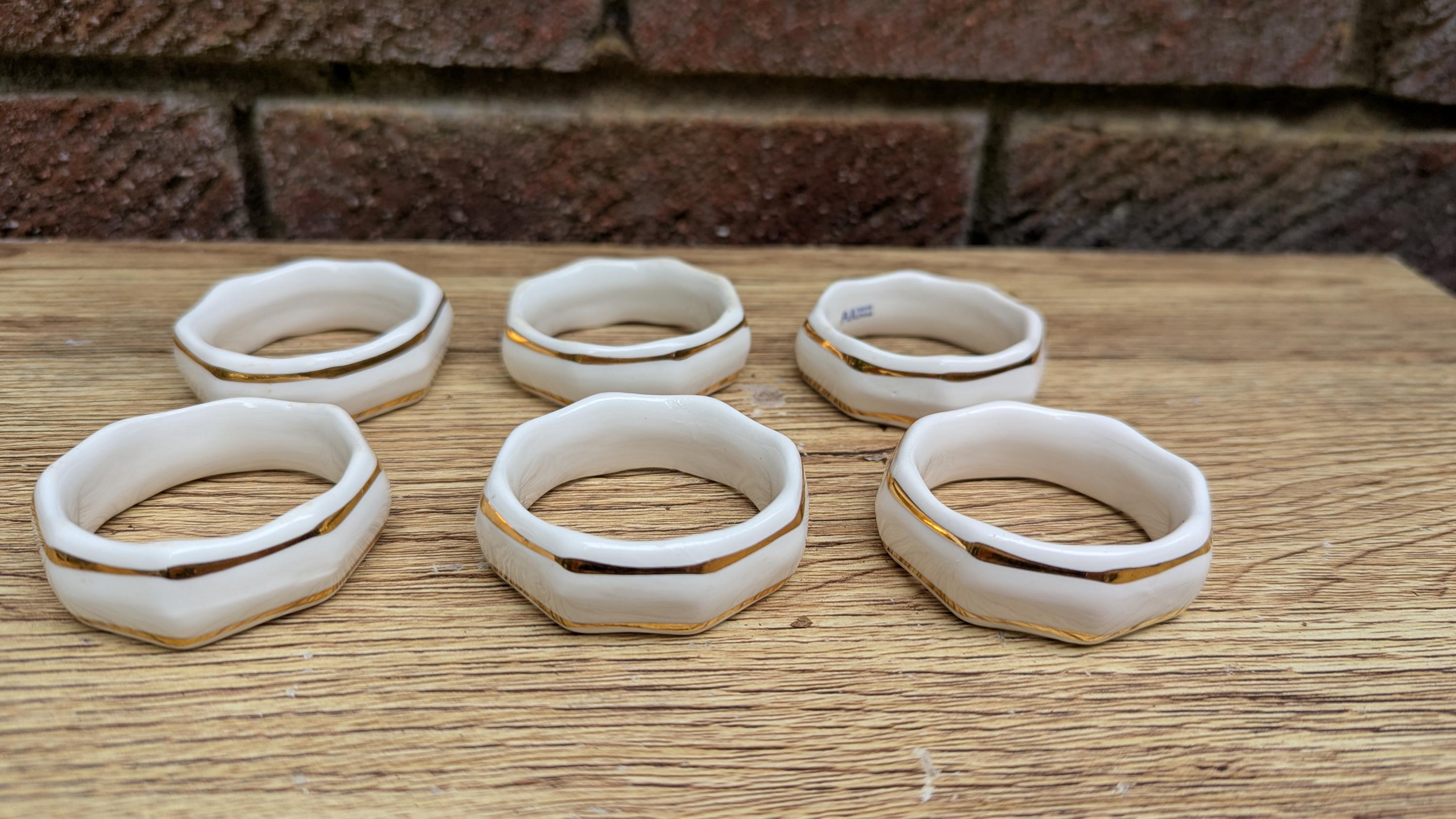 1980s AJL Bone China White & Gold Gilt Octagonal Napkin Rings