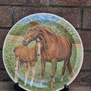 Peut inclure: Assiette décorative avec une illustration détaillée d'un cheval et d'un poulain bruns dans un champ herbeux. L'assiette a un bord blanc et est présentée sur un support noir. L'arrière-plan comprend des arbres et un ciel bleu.