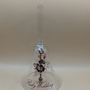 Delicate and fine. Clear Crystal Dinner Bell With Pink Rose And Rose Bud Beautiful 6” Tall. Ruby Wedding