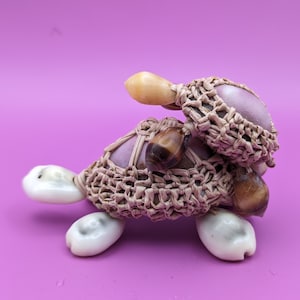 Könnte beinhalten: Eine kleine, dekorative Schildkröte aus Muscheln, die mit Schnur zusammengewebt sind. Die Schildkröte ist helllila mit braunen Akzenten und hat eine weiße Schale.