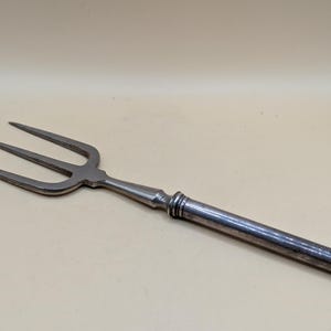 May include: A silver three-pronged fork with a long, slender handle.