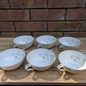 Beautiful set of 6 vintage two handled soup bowls. Made by Noritake Japan White with floral &#39;Valerie&#39;&#39; 5812