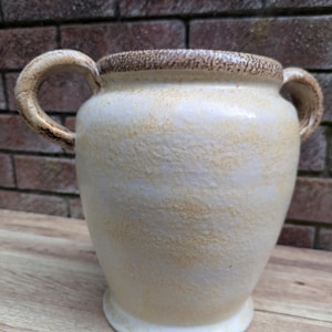 May include: A white ceramic vase with two handles and a brown rim. The vase has a textured surface and a speckled design.