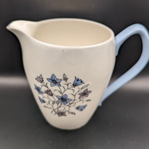 Op de afbeelding: Een witte keramische kan met een blauw bloemenmotief en een lichtblauwe handgreep. De kan heeft een rond lichaam en een tuit.