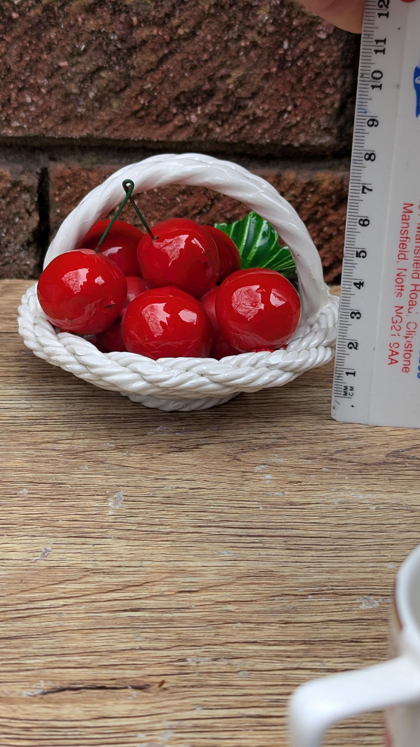 1970 Italian Ceramic Cherry Basket Ornament – Vintage Hand-painted