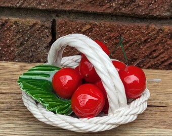 1970 Italian Ceramic Cherry Basket Ornament – Vintage Hand-painted