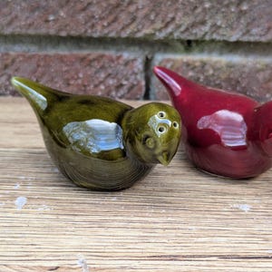 Op de afbeelding: Een paar keramische zout- en peperstrooiers in de vorm van vogels. Eén is glanzend olijfgroen, de ander diep bordeauxrood. Elk heeft een snavel en drie gaten aan de bovenkant. Ze staan op een houten oppervlak.