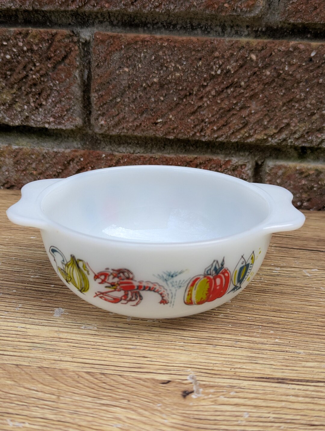 1962 JAJ Pyrex Lobster Pattern Round Casserole Bowl White Opalware Made ...