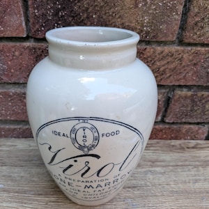Antik stor Virol benmärgsstengods reklamburk ca 1910 – engelsk apotekare Kitchenalia-kruka