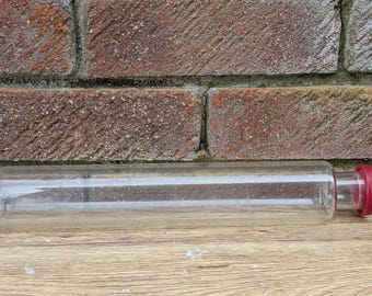 1960年代製ガラス製ペストリー用めん棒、赤いエンドキャップ付き、イギリス製、製菓用品