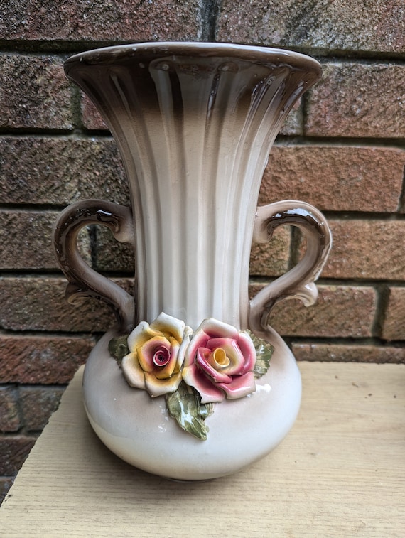 11.5 Inches Tall - Vintage Bassano Pottery Vase 3D Roses Flowers
