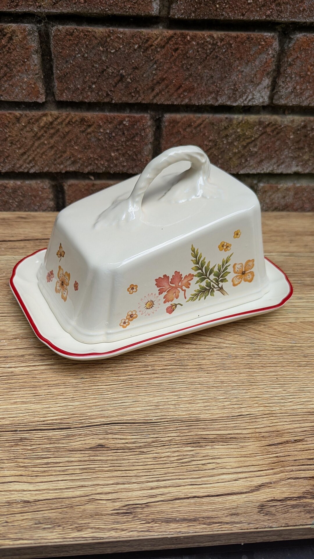 Beurrier vintage en porcelaine de VILLEROY & BOCH, design naïf, scène de plaisanciers et de ferme. - France