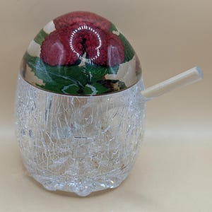 Può includere: Un barattolo di vetro trasparente con un design a ghiaccio screpolato e un coperchio a cupola trasparente. Il coperchio presenta un fiore rosso con foglie verdi pressate all'interno.