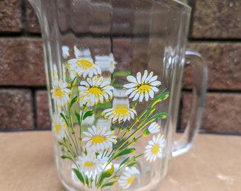 Vintage Retro Glass Water Juice Jug Pitcher Covered in Painted Daisies