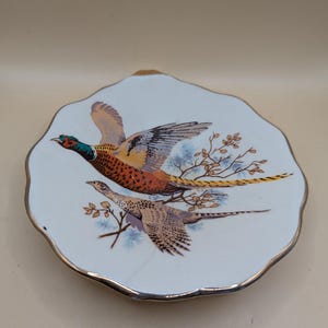 May include: A white ceramic plate with a gold rim features a painted design of two pheasants on a branch. The pheasants are depicted in realistic detail with brown, orange, yellow, and green feathers.