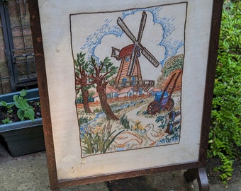 Paravent ancien hollandais véritable, pare-étincelles brodé, scène hollandaise, moulin à vent, cadre en bois