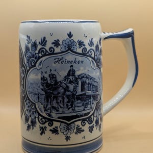 Vintage Ceramic Heineken Beer Stein Mug Made in Holland Delft Blue White