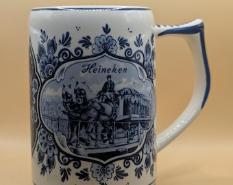 Jarra de cerveza Heineken de cerámica vintage, fabricada en Holanda, azul, blanco y de Delft.