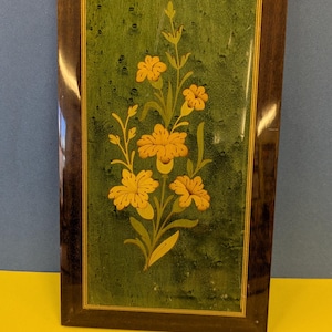 Vintage Marquetry Wood Inlay Flower Wall Hanging ca 1970 Vintage Italian Marquetry Inlay Floral Wood Plaque Lacquered Wall Art 7x4.5 main image 1