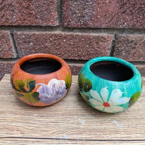 Circa 1980s Hand-Painted Ceramic Floral Cachepots – Pair of Colourful Folk Art Plant Pots