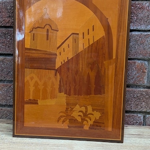 Vintage Marquetry Wood Inlay Picture | Architectural Cloister Scene | Handmade Wooden Veneer Wall Art