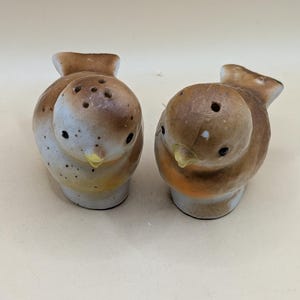 May include: A set of two ceramic bird salt and pepper shakers. The birds are brown with white accents and have black eyes. The shakers have holes on the top for dispensing salt and pepper.