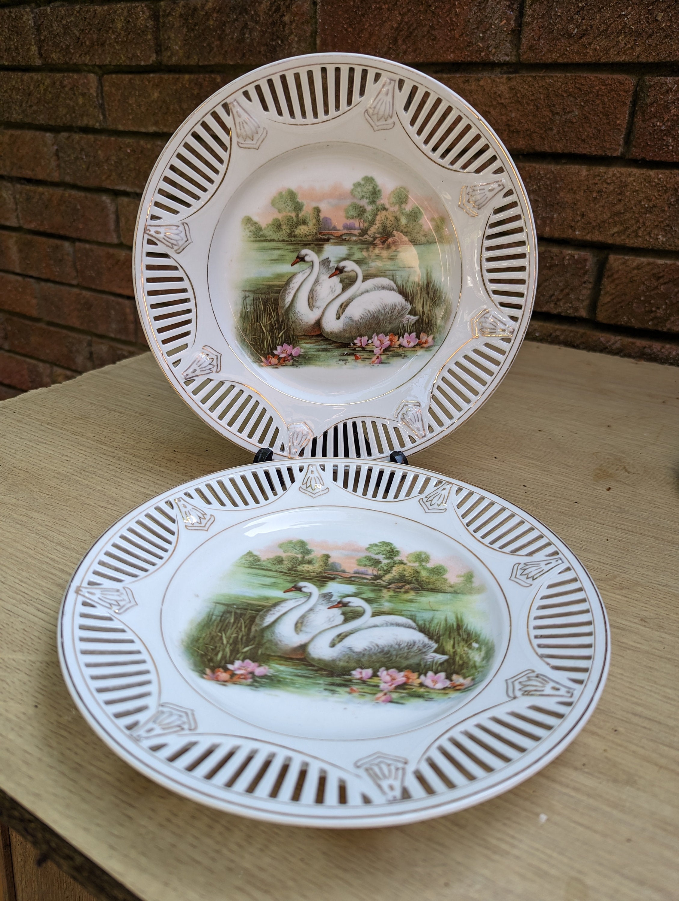 TWO Antique Schumann Bavaria Porcelain Swan Picture White and