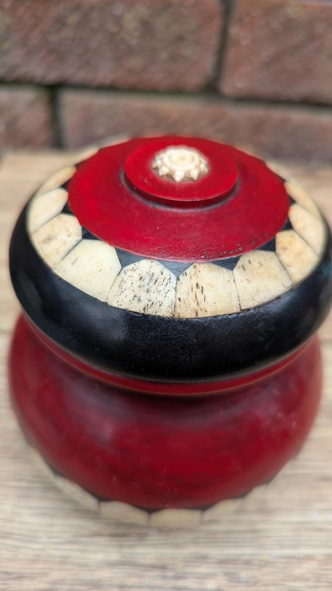 1970s Indian Hand-turned Wooden Lidded Pot With Real Bone Inlay – Red ...
