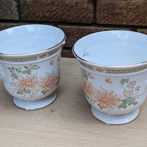 May include: Two white ceramic planter pots with gold trim and floral designs. The pots have two handles on each side and a wide base.