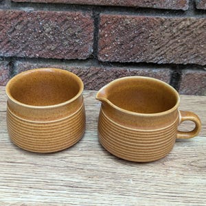 May include: Two-piece ceramic set in a warm brown hue. The set includes a small, open-topped bowl and a creamer with a handle and spout. Both pieces feature horizontal ridged detailing around the exterior. The background is a brick wall and wooden surface.