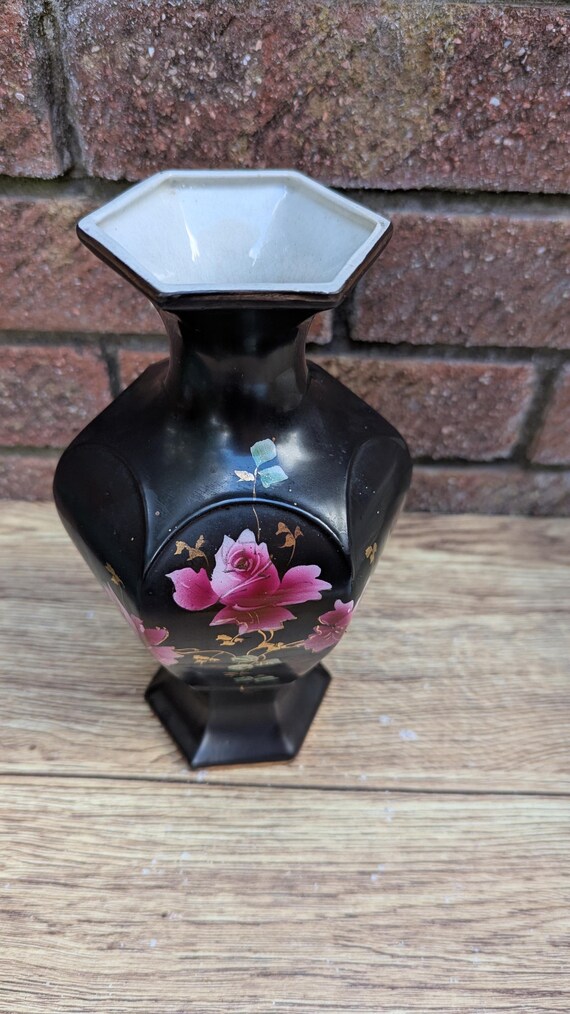 Exquisite Austrian Hand-painted Hexagonal Vase With Pink Roses