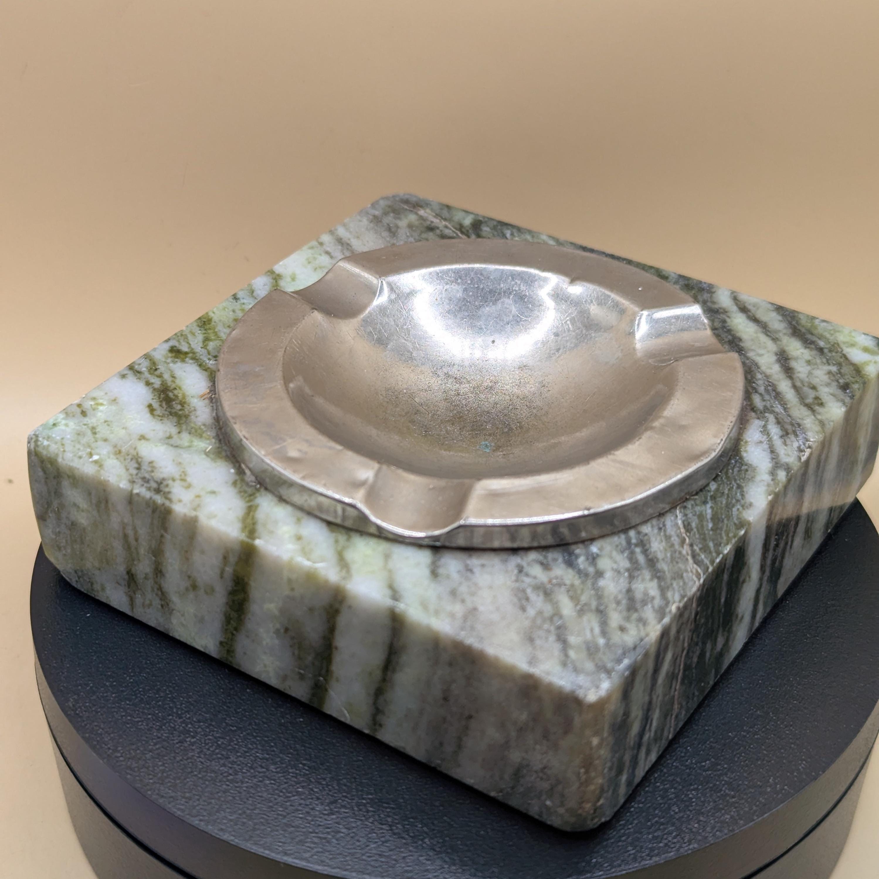 Heavy Small Ashtray. Green Alabaster or Marble With Metal Dish in