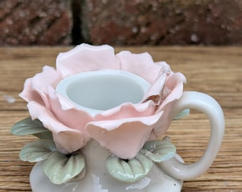 1970s Capodimonte Style Pink Rose Porcelain Candle Holder, Vintage Floral Tealight Ornament, Cottage Decor