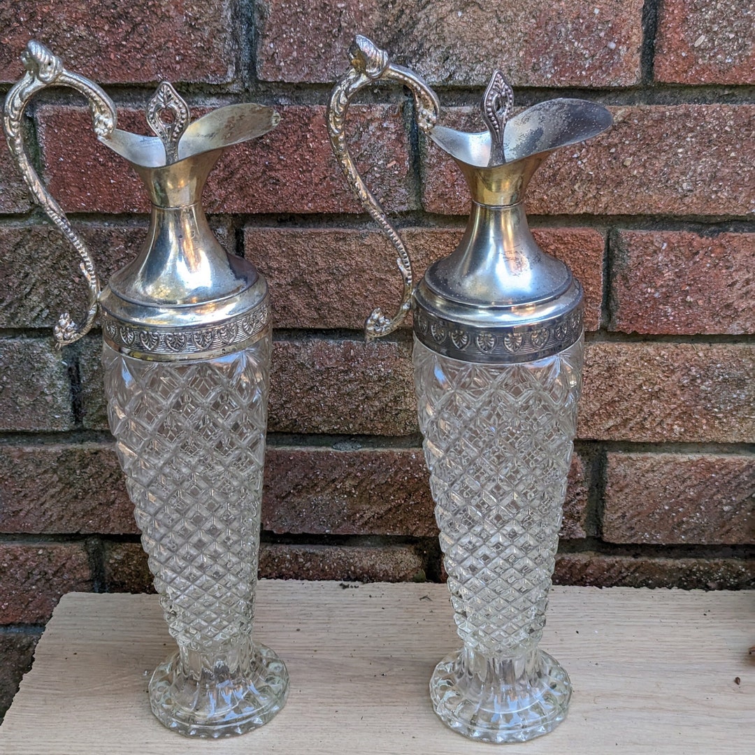 Vintage Leonard Of Italy Glass & Silver Plate Wine Decanter Set With 6  Glasses