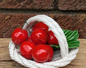 1970 Italian Ceramic Cherry Basket Ornament – Vintage Hand-painted