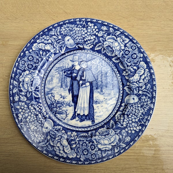 The pilgrims.  Mayflower's love affair, John Alden and Priscilla. 1906 Staffordshire England Blue  White Plate R&M Co Boston