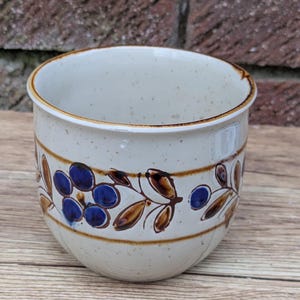 May include: A ceramic mug with a speckled off-white glaze and a brown rim. The exterior features a horizontal band decorated with hand-painted blue berries and brown leaves. The mug has a rounded shape and a smooth finish, showcasing a simple design.