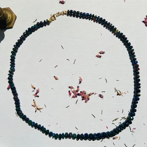 Rare Ethiopian black opal beaded necklace with 14k lobster clasp