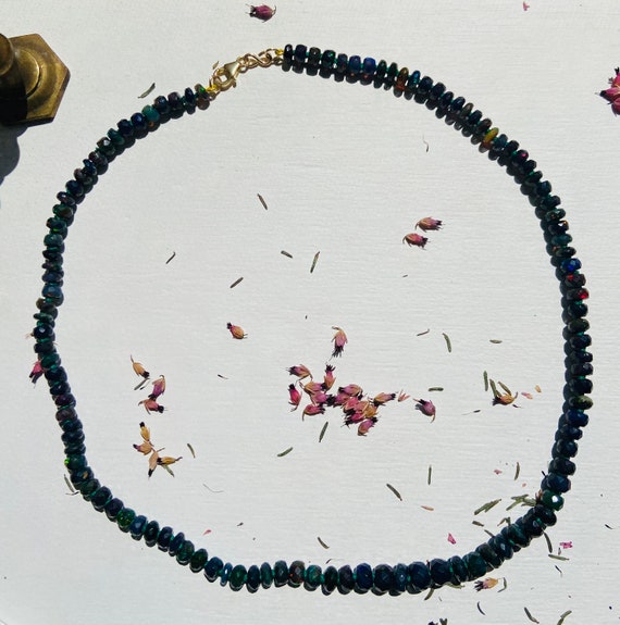 Rare Ethiopian black opal beaded necklace with 14k lobster clasp