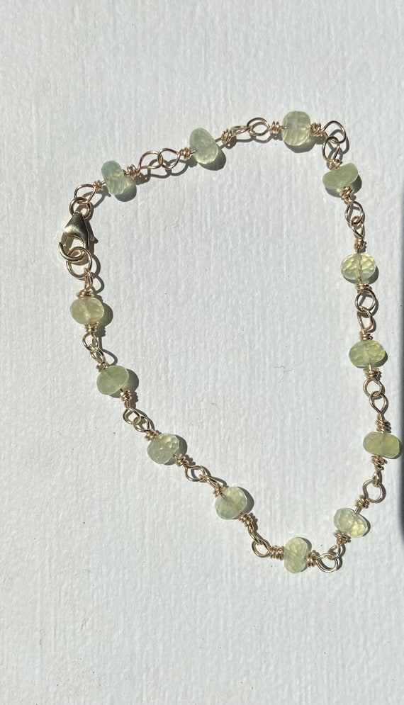 Prehnite beaded wire wrap solid goldbracelet