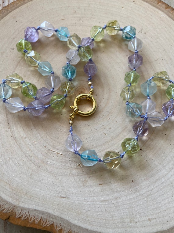 Hand knotted Multicolor quartz topaz beaded necklace, beaded necklace, birthday gemstones necklace. gifts for her